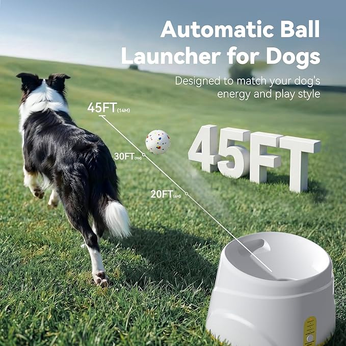 HETOO Automatic Ball Launcher for Dogs: Ball Launcher for Dogs - Tennis Thrower for Dogs with 6 Balls- Interactive Mental Stimulation Dog Toys - Small/Medium Sized Launcher- Yellow