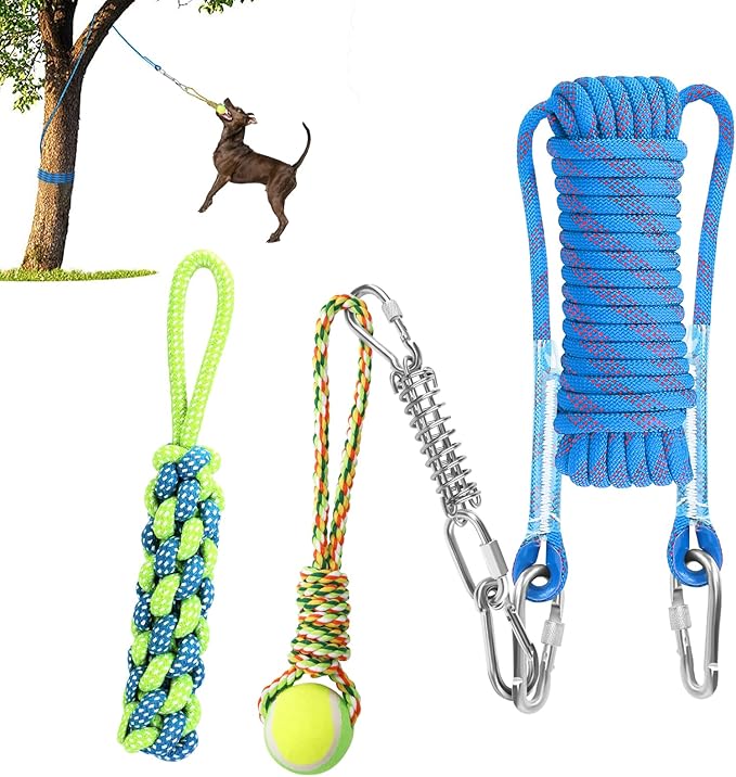 Tree Tugger Dog Toy, Retractable Dog Bungee Tug Toy, Tether Tug Outdoor Dog Toy, Interactive Tether Tug of War Toy with 32.8 ft Rope, Spring Pole Kit, 2 Chew Rope Toys for Pitbull Medium, Large Dog