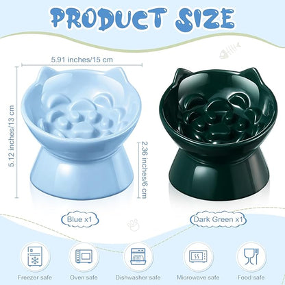 2 Pcs Ceramic Raised Slow Feeder Cat Bowl, 5.91inch Elevated Cat Slow Feeder Bowl Tilted Anti Vomiting for Dry Wet Food and Water Easy to Clean High Edge(Dark Green, Blue)