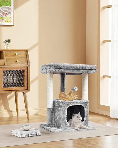 SYANDLVY 27IN Cat Tree for Indoor Cats Large Adult, Modern Activity Tower with Scratching Posts, Condo with Plush Perch, Climbing Stand with Spring Ball for Play, Grey