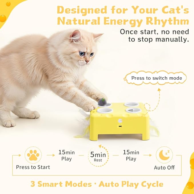 Cheese Box Interactive Cat Toy for Indoor Cats, 3-in-1 Whack a Mole Feather Toy, 3 Modes Rechargeable Auto Cat Toys for Bored Cats, 4 Holes Kitten Toy, 4 Accessories (Yellow)