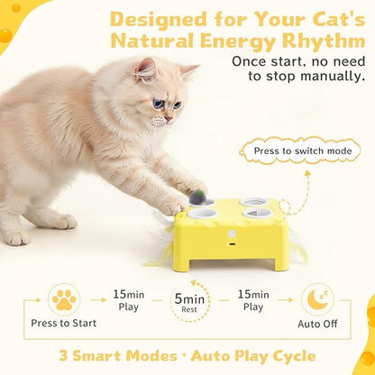 Cheese Box Interactive Cat Toy for Indoor Cats, 3-in-1 Whack a Mole Feather Toy, 3 Modes Rechargeable Auto Cat Toys for Bored Cats, 4 Holes Kitten Toy, 4 Accessories (Yellow)
