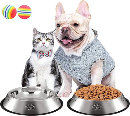 CAQ Dog Cat Bowls Stainless Steel Small Cat Dog Food Water Bowl for Indoor Stackable Pets Puppy Dish Non-Slip Removable Rubber Base Set of 2