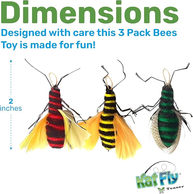 2 Inch Handmade Cat Toy Teaser Wand Refill Bees - 3 Pack Green, Red, and Yellow Natural Material Toys, Hunting Instinct Play, Interactive Exercise Attachment Set for Indoor Cats