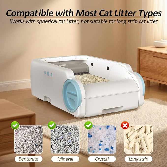 Self Cleaning Cat Litter Box, Open-Top Automatic Litter Box for Multiple Cats with App Control, Safety Protection, Ultra-Quiet, Odor Control Includes 2 Roll Garbage Bags and 1 Litter Mat, White & Blue