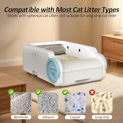 Self Cleaning Cat Litter Box, Open-Top Automatic Litter Box for Multiple Cats with App Control, Safety Protection, Ultra-Quiet, Odor Control Includes 2 Roll Garbage Bags and 1 Litter Mat, White & Blue