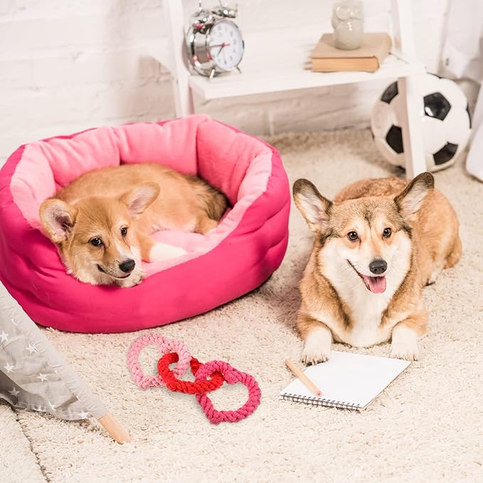 Zhanmai 3 Pieces Valentine's Day Interlocking Heart Rope Colorful Valentine Dog Toy Cotton Dog Rope Chewing Toys for Puppies Dogs Chew Toys for Small Medium Dogs, Pink and Red