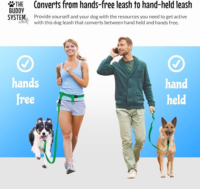 The Buddy System Hands Free Dog Leash, Adjustable Leash for Running, Jogging, Training and Service Dogs, Great for Small, Medium and Large Dogs, Made in USA (Green, X-Large Belt (33"- 60" Waist))