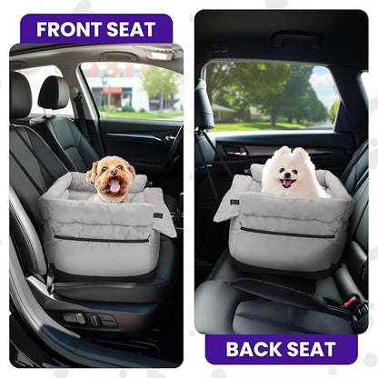 BurgeonNest Dog Car Seat for Small Dogs up to 25 lbs - Washable Pet Booster Seat with Safety Leash & Storage Pockets, Grey