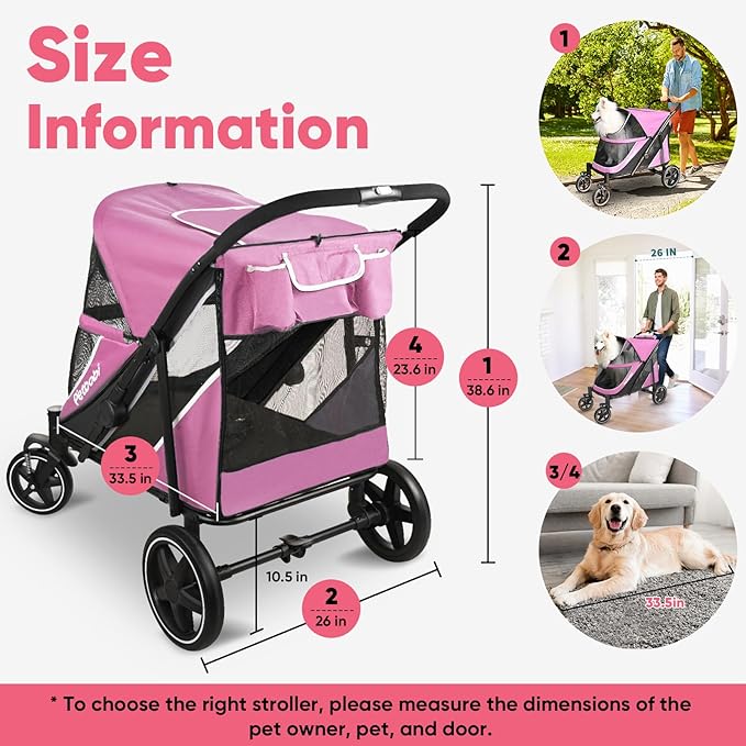Petbobi Dog Stroller for Large & Medium Dogs - Easy Fold Dual Entry Pet Stroller with One-Foot Brake, All Terrain Wagon Cart with Air Mesh, Ideal for Large Senior Pets up to 80 lbs, Pink