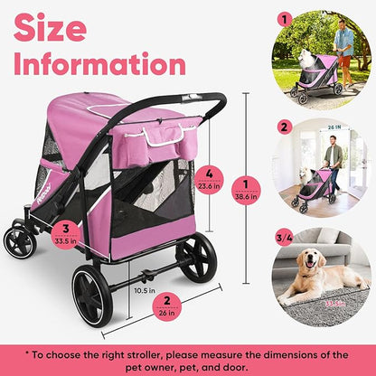 Petbobi Dog Stroller for Large & Medium Dogs - Easy Fold Dual Entry Pet Stroller with One-Foot Brake, All Terrain Wagon Cart with Air Mesh, Ideal for Large Senior Pets up to 80 lbs, Pink