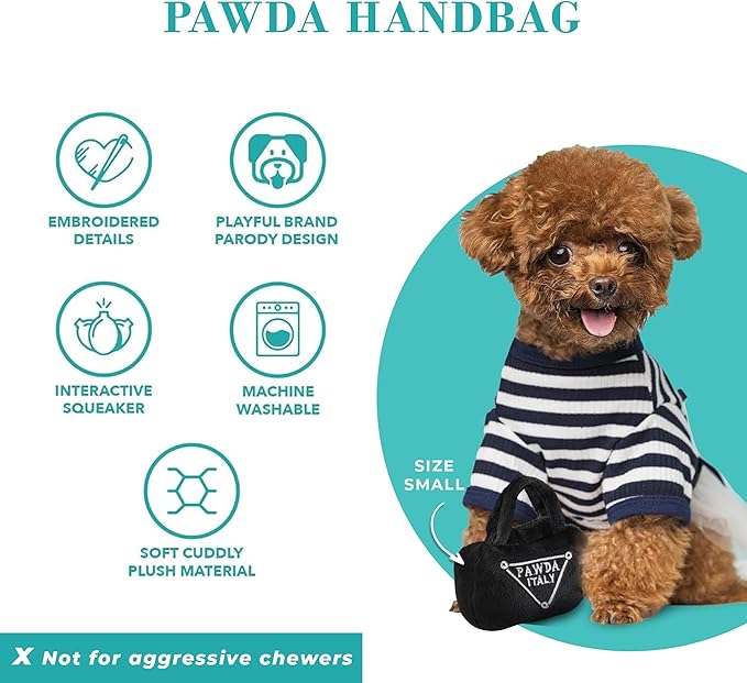 Haute Diggity Dog Pawda Handbag, Plush Designer Dog Toys with Interactive Squeaker, Stimulating Pet Enrichment, Machine-Washable & Safe Materials for All Breeds, Size Large