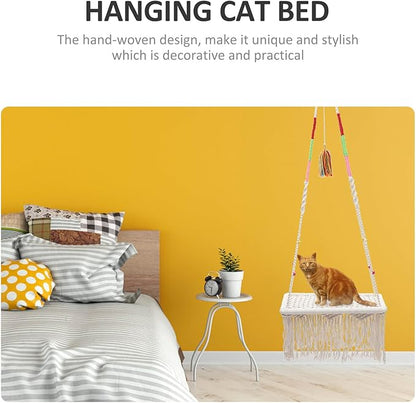 Macrame Cat Hammock Bed Hanging Indoor Cotton Rope Cat Nest Swing Wear-Resistant Design for Kitten