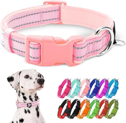 azuza Reflective Dog Collar,Soft Neoprene Padded Pet Collar with ID Tag Ring,Adjustable for Large Dogs,Pink,L