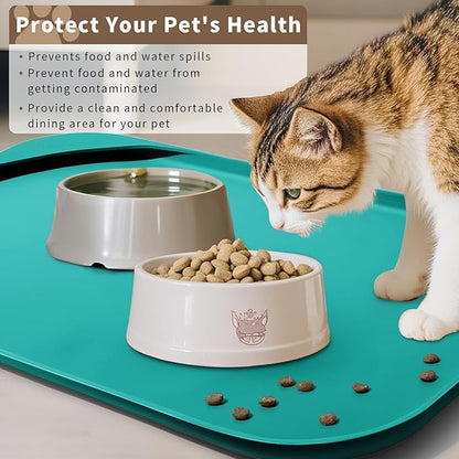 Silicone Pet Food Mat with Raised Edge for Food and Water Bowl, Dog Feeding Mats, Cat Food Trays for Floor Waterproof, Rubber Tray for Dogs and Cats, 19 x 12 x 0.7 Dark Turquoise