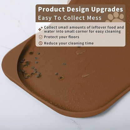 Silicone Pet Food Mat with Raised Edge for Food and Water Bowl, Dog Feeding Mats, Cat Food Trays for Floor Waterproof, Rubber Tray for Dogs and Cats, 19 x 12 x 0.7 Brown