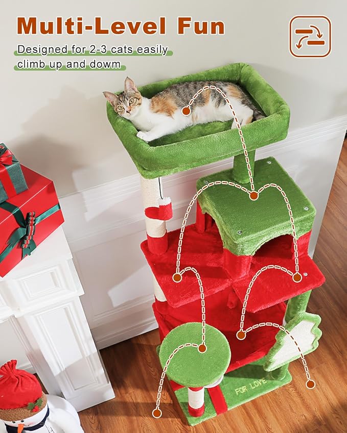 Cat Christmas Tree for Indoor Cats – 56.3“ Cat Proof Christmas Tree Tower with Large Hammock, 3 Scratching Posts & 3 Christmas Toy Balls – Holiday Cat Tree with Festive Decor, Christmas Red