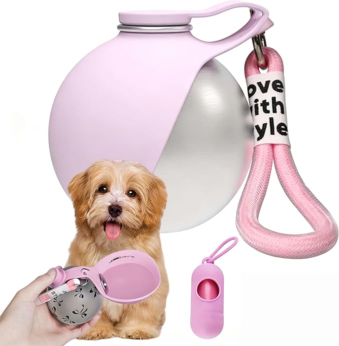 2-in-1 Portable Dog Water Bottle for Small Dogs, Foldable Pet Water Bottle, Portable Super Design Dog Water Bottle for Small Dog Walking, Hiking & Travel, Leak-Proof & Compact Dog Travel (Pink-A)