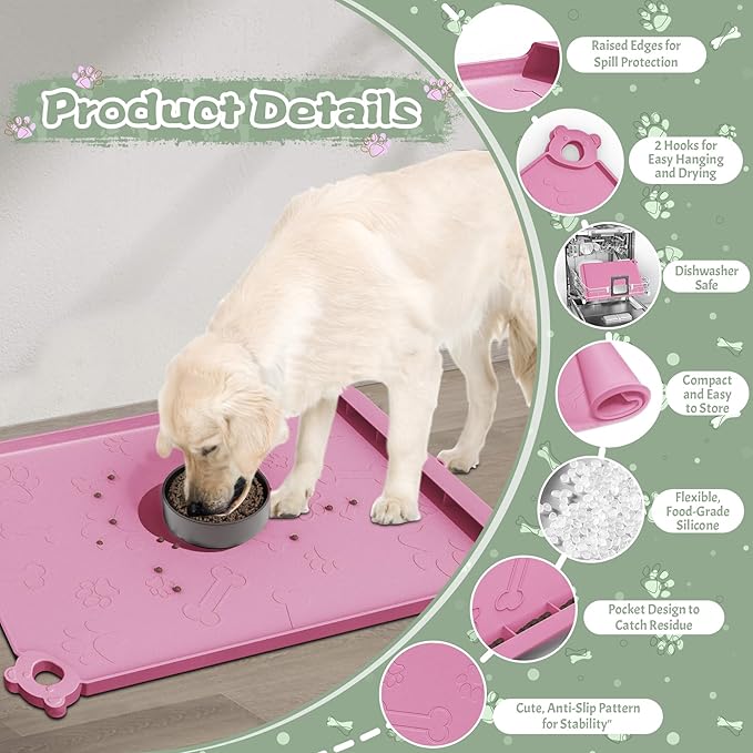 Dog Food Mat, Silicone Dog Mat for Food and Water -Pet Feeding Mats with Residue Collection Pocket, Waterproof Dog Cat Bowl Mats with Raised Edges and Hooks, Placemats for Cats and Dogs Water Bowl