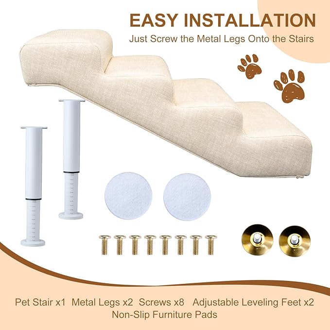 Adjustable Dog Stairs & Ramp for Cats and Dogs, 4-Step Pet Stairs for High Beds and Couch, 14.5"–17.7" Height, Linen Faux Leather, Waterproof, Scratch-Resistant, Non-Slip Indoor Pet Ramp