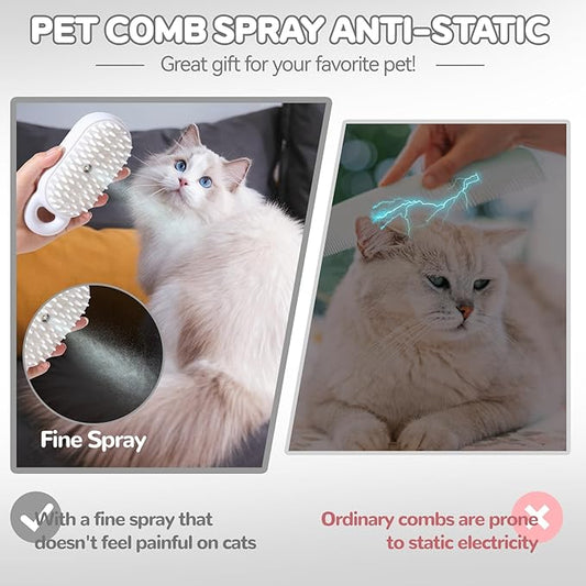 Cat Steam Brush, 3 in 1 Spray Comb for Pets, Rechargeable Pet Massage Deshedding Grooming Brush, Hair Removal Comb for Long-Haired/Short-Haired Cats