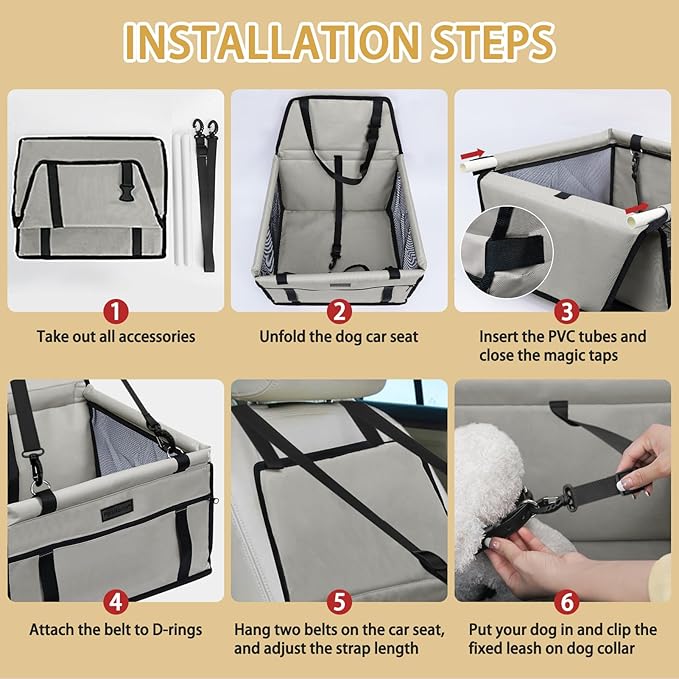 PetsHome Dog Car Seat Foldable Dog Car Booster Seat Waterproof Breathable Oxford Travel Bag for Small to Medium Dogs, Puppies, and Pets-Pure Grey