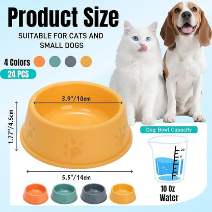 24 Pack Plastic Dog Bowl, 10 Oz Reusable Pet Food and Water Bowl with Cute Dog Paw Print, Stackable Puppy Cat Feeding Bowls Food Dishes for Dog Cat Party Supplies, 4 Color