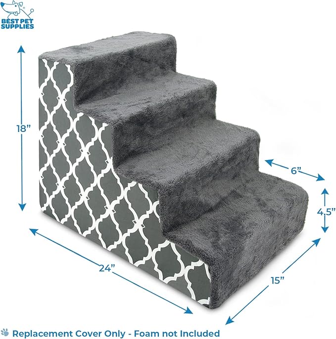 Best Pet Supplies Foam Pet Steps Cover for Small Dogs and Cats, Portable Ramp Stairs for Couch, Sofa, and High Bed Climbing (Cover Only) - Gray Lattice, 4-Step (H: 18") (Cover Only)
