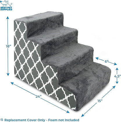 Best Pet Supplies Foam Pet Steps Cover for Small Dogs and Cats, Portable Ramp Stairs for Couch, Sofa, and High Bed Climbing (Cover Only) - Gray Lattice, 4-Step (H: 18") (Cover Only)