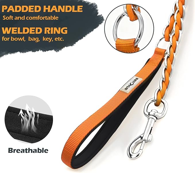 Chain Dog Leash Chew Proof Metal Leash for Medium Large Dogs, Chain Link Dog Anti Chew 5.2FT / 4FT Strong Anti Bite Comfortable Soft Padded Handle (Orange, 4FT(30-80lb)