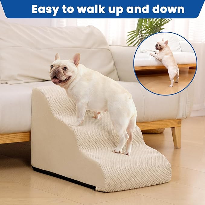 Dog Stairs for Small Dogs and Cats – 3 Step Pet Ramp for Couch & Sofa, Non-Slip Dog Steps for Pets, Washable Cover, High-Density Support Foam for Easy Climbing,Beige