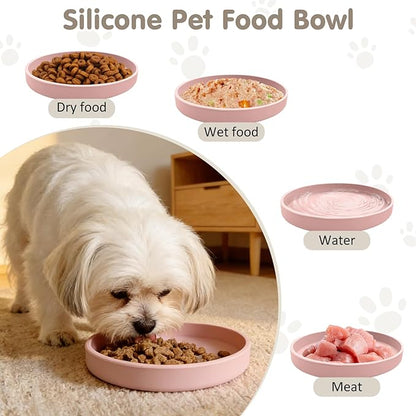 VCEPJH Silicone Dog Plates for Food Shallow Pet Bowl Flat Puppy Food Bowl Whisker Fatigue Cat Feeding Bowls Noiseless Dishes for Dry and Wet Food (Round Pink)