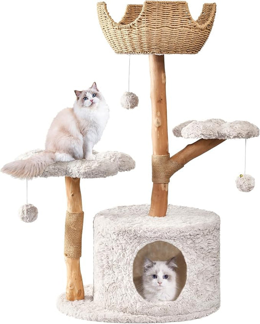 Easyego Modern Cat Tree, 43.3" Aesthetic Wood Cat Tree Tower for Large Cats, Luxury Cat Condo with Scratching Posts and Flower Platforms, Cat Furniture, Bullet Gray