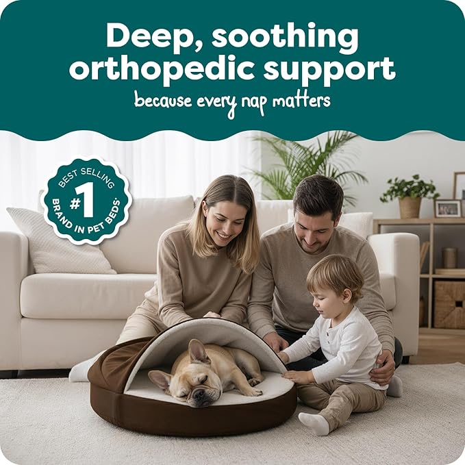 FurHaven Round Orthopedic Dog Bed for Medium Dogs, Egg Crate with a Solid Orthopedic Foam Base with Attached Blanket Hood and Removable Washable Cover, Medium, Sherpa & Suede Snuggery, Espresso