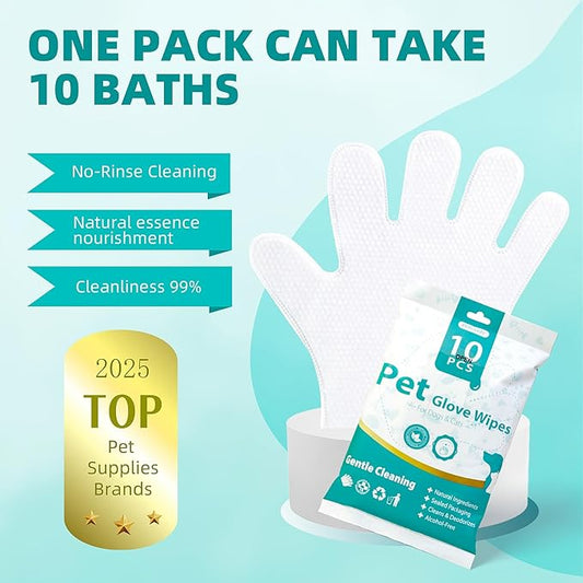 [10 Count] No-Rinse Pet Glove Wipes – 5-Finger Design, Coconut Oil & Aloe, Hypoallergenic Grooming Mitts for Dogs & Cats