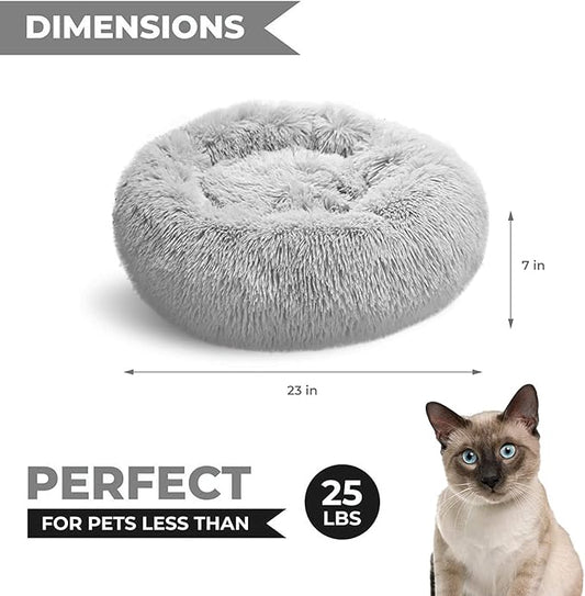 Whiskers & Friends Cat Bed, Cat Beds for Indoor Cats Washable, Orthopedic Soft Fluffy Round Calming Pet Bed for Small to Large Kitty Kittens & Small Dogs - Light Grey-C - 23.00" x 23.00" x 7.00"