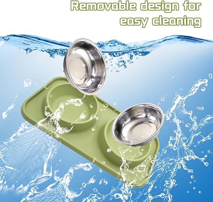Double Dog Food Bowls Stainless Steel with No Spill Non Skid Silicone Mat Removable Dog Water and Food Bowls Set Durable Feeding for Small Dogs Puppy Cat Kitten(Green)