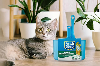 Fresh Step 4-in-1 Deluxe Litter Cleanup Kit - Cat Scoop, Broom, Dust Pan, and Hanging Caddy, Compatible with Standard Plastic Litter Pans and Disposable Litter Boxes, Blue