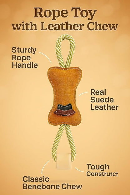 Natural Suede Leather and Rope Chew Toy with Bone Design for Medium and Large Dogs | Durable Interactive Play Toy | Great for Fetch, Tug and Daily Chewing Fun