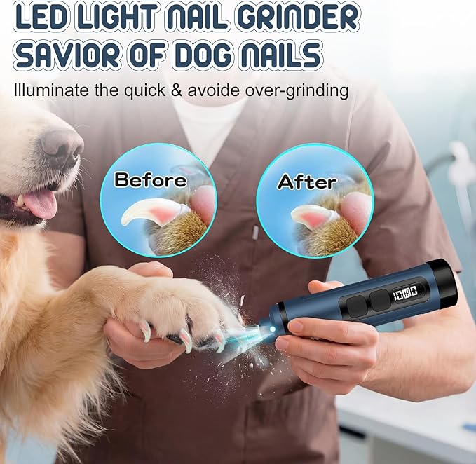 Dog Nail Grinder Electric Powerful 3 Speeds Dog Nail Clippers with Lights Quiet Cat Nail Clipper Painless Care Trimmers Tools for Small Medium Large Dogs and Cats (Blue)
