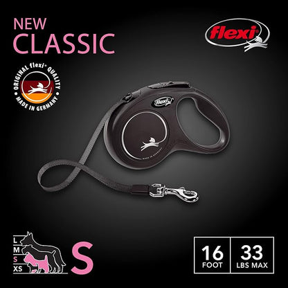 FLEXI New Classic Tape Retractable Dog Leash for Small Dogs up to 33 lbs. – 16 ft., Black| Tangle Free Pet Walking Leash with One-Handed Brake, Pause, Lock|German Quality Product