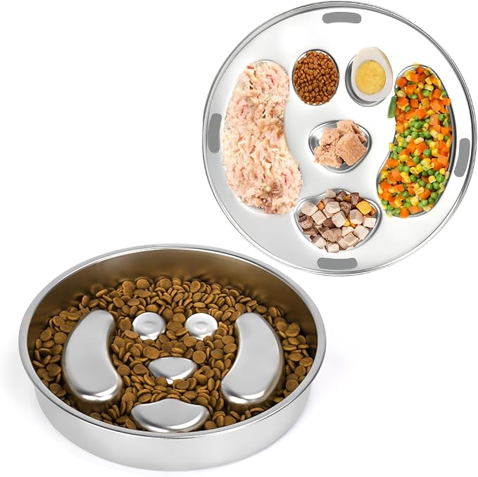 Stainless Steel Slow Feed Dog Bowl, 2 Pack Metal Slow Feeder Dog Bowls & Lick Bowl Plate, 2 Cups Double-Sided Non-Slip Small Medium Fast Eaters Puppy Puzzle Maze Slow Eating Dish for Dry Wet Raw Food