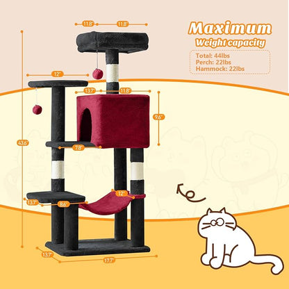 DUMOS Small 44 Inch Cat Tree Tower, Cat Climbing Tower with Natural Sisal Scratching Posts, Hammock, Pet Condo for Indoor Cats and Kittens Play, Black and Red