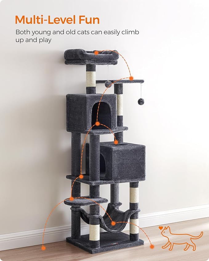 Feandrea Cat Tree, 59.5-Inch Tall Cat Tower, Plush Multi-Level Condo with 5 Scratching Posts, 2 Perches, 2 Caves, Hammock, 2 Pompoms, Smoky Gray UPCT192G01