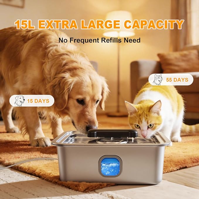 15L Water Fountain for Large Dogs, Stainless Steel Pet Drinking Dispenser Automatic Fresh Flow Bowl Inside with Filter, 4Gal Extra Huge Refillable Water Dispenser Indoor