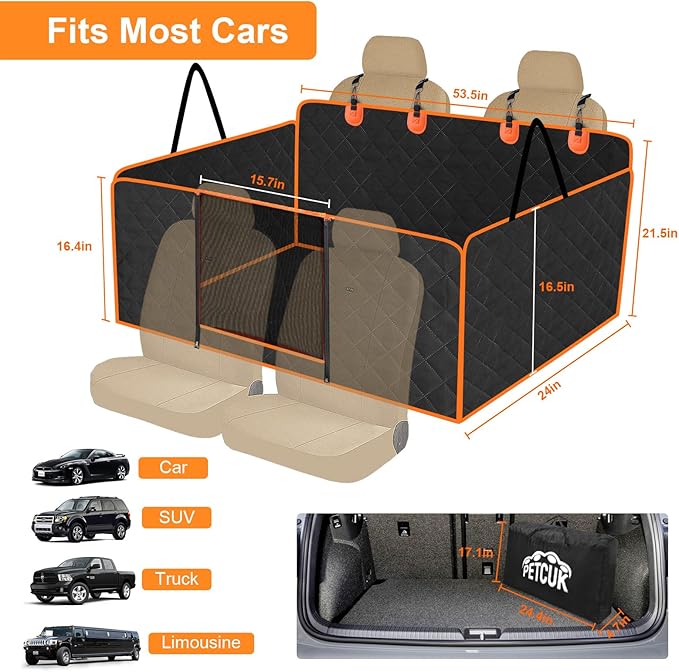 Back Seat Extender, Dog Car Seat Cover Detachable Hard Bottom-Supports 300lb, Waterproof Dog Hammock for Car Travel Camping Bed, Foldable Backseat Pet Protector in Car Truck SUV PET-SEAT2308