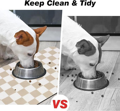 Checkered Dog Food Mat, Absorbent Leak-Proof Pet Feeding Mat, Quick Dry Cat Food Mat for Messy Drinkers 17" x 32" Khaki
