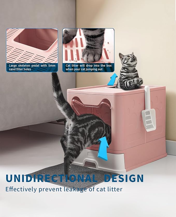 Cat Litter Box with Litter Mat and Scoop, Large Covered Litter Box with Lid, Front Entry Top Exit Kitty Box, Odor Control, Easy to Clean (Pink)