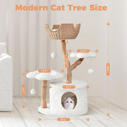 Easyego Modern Cat Tree, 40.5" Aesthetic Wood Cat Tree Tower for Large Cats, Luxury Cat Condo with Scratching Posts and Flower Platforms, Cat Furniture, White