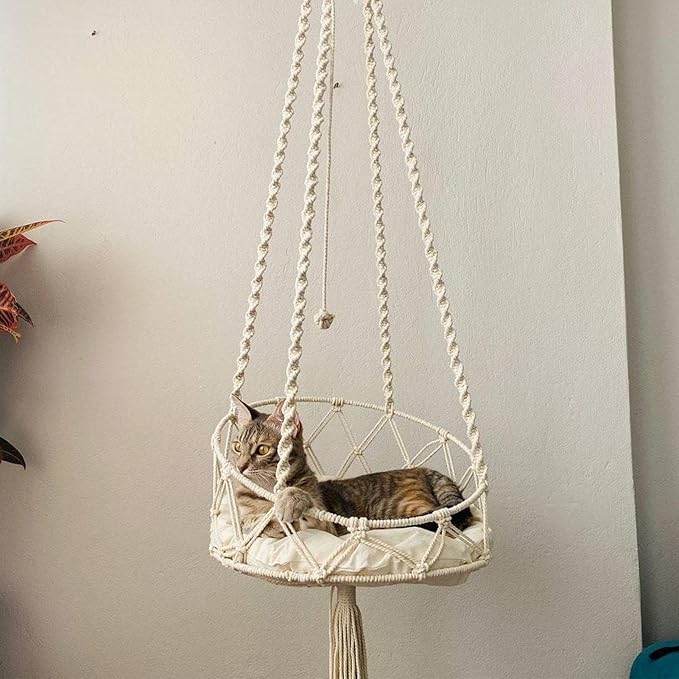 Cat Hammock, Handmade Woven Tassel Hanging Pet Bed for Kitten & Puppy, Pastoral Style Cats Swing Hammock with Cotton Mat for Palying Sleeping Lounging, 40cm